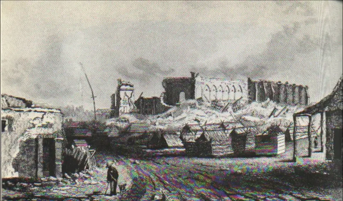 Litografía histórica que muestra las ruinas de Concepción, Chile, tras el devastador terremoto de 1835 evaluado por Simón Rodríguez.
